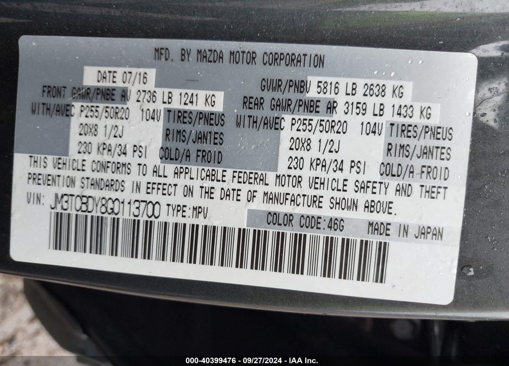 2016 MAZDA CX-9 GRAND TOURING VIN: JM3TCBDY8G0113700
