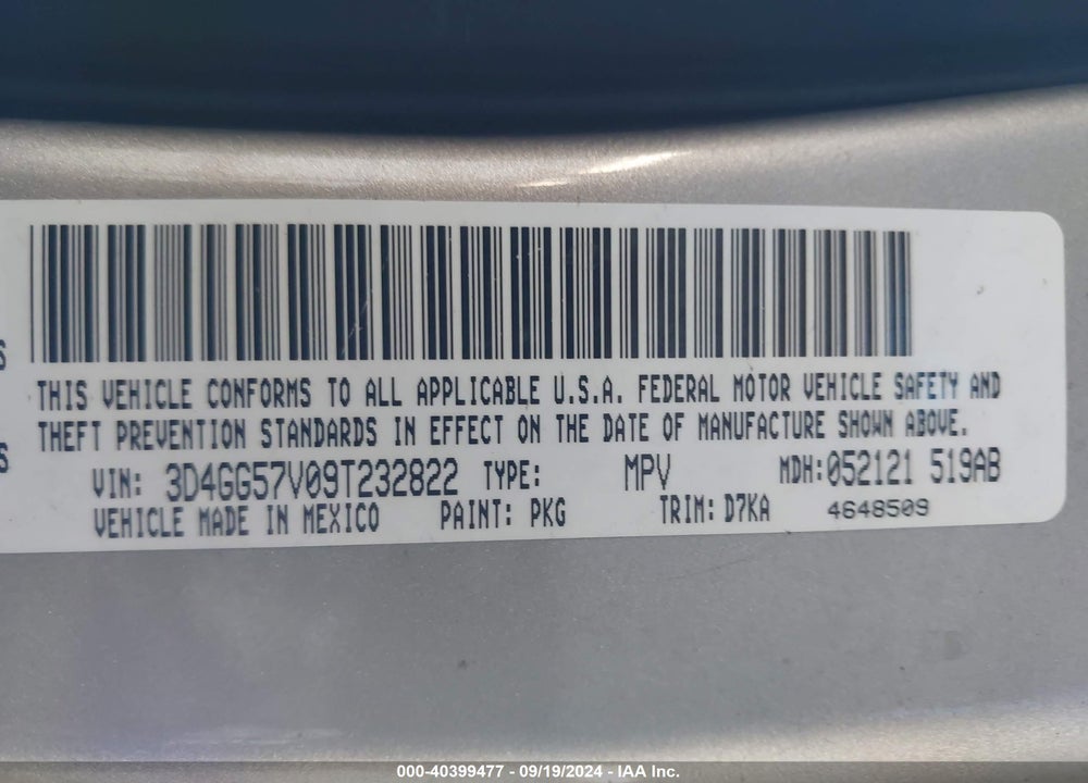 2009 DODGE JOURNEY SXT VIN: 3D4GG57V09T232822