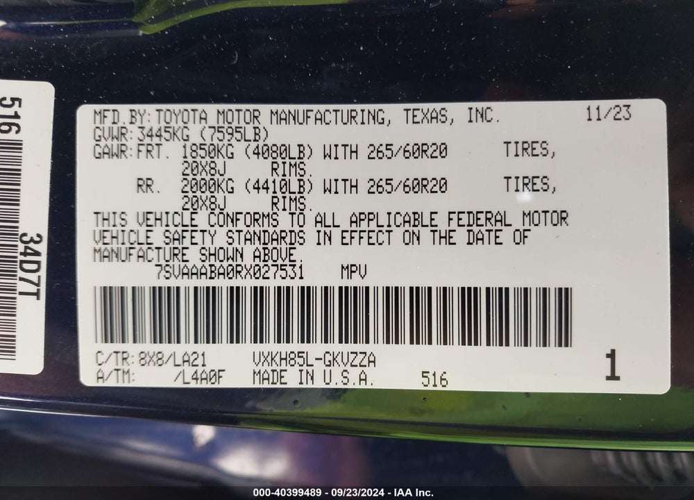 2024 TOYOTA SEQUOIA PLATINUM VIN: 7SVAAABA0RX027531