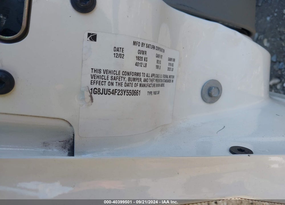 2003 SATURN L-SERIES L200 VIN: 1G8JU54F23Y550661