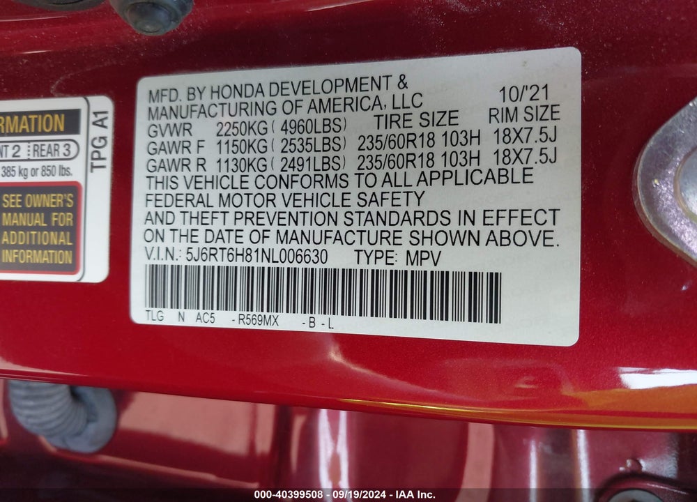 2022 HONDA CR-V HYBRID EX-L VIN: 5J6RT6H81NL006630