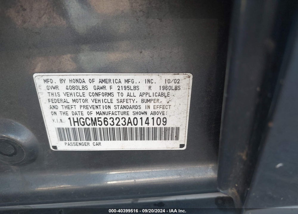 2003 HONDA ACCORD 2.4 LX VIN: 1HGCM56323A014109