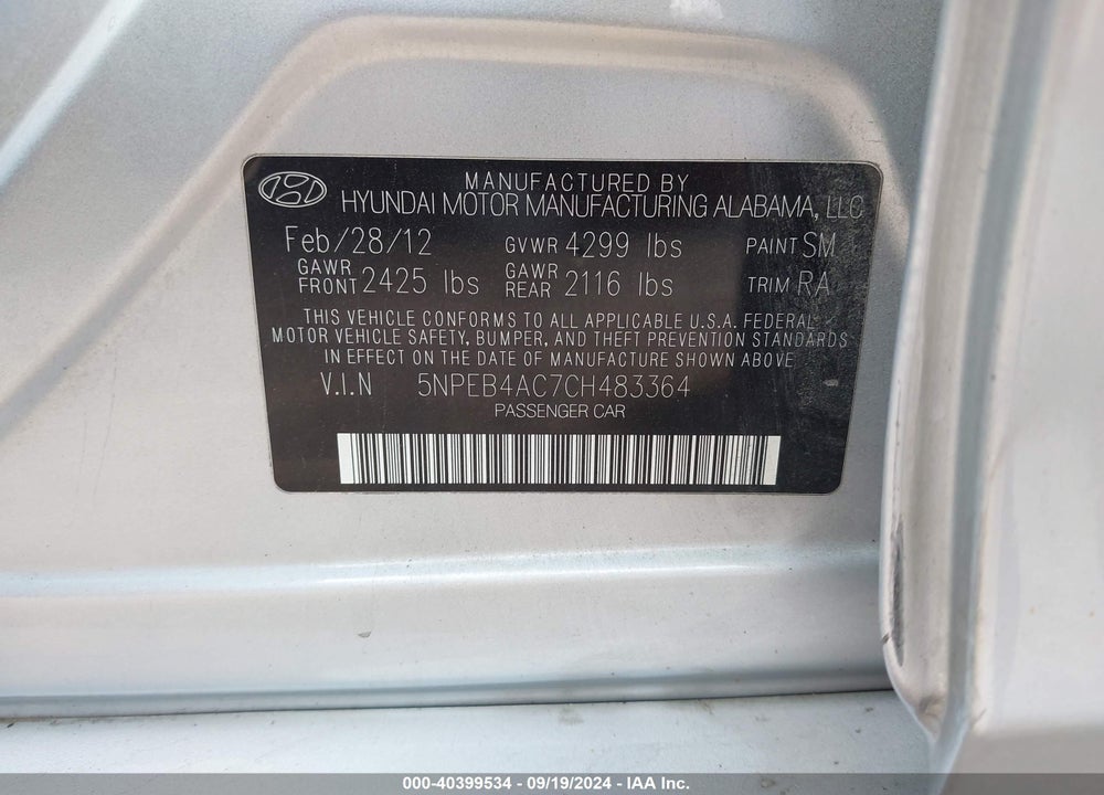 2012 HYUNDAI SONATA GLS VIN: 5NPEB4AC7CH483364