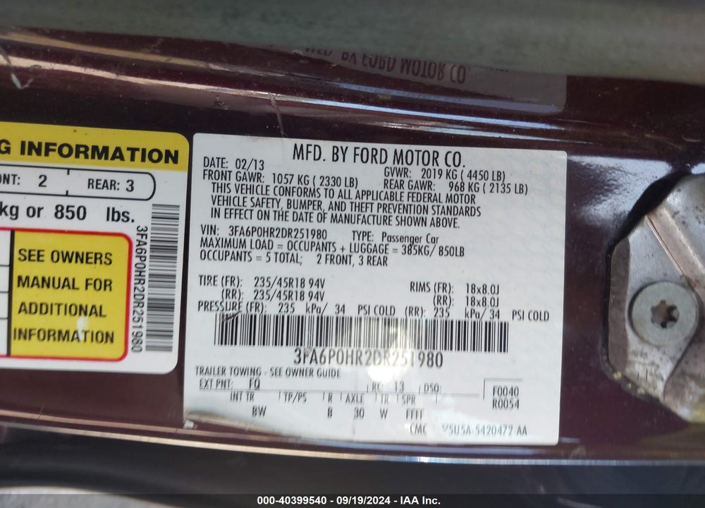 2013 FORD FUSION SE VIN: 3FA6P0HR2DR251980