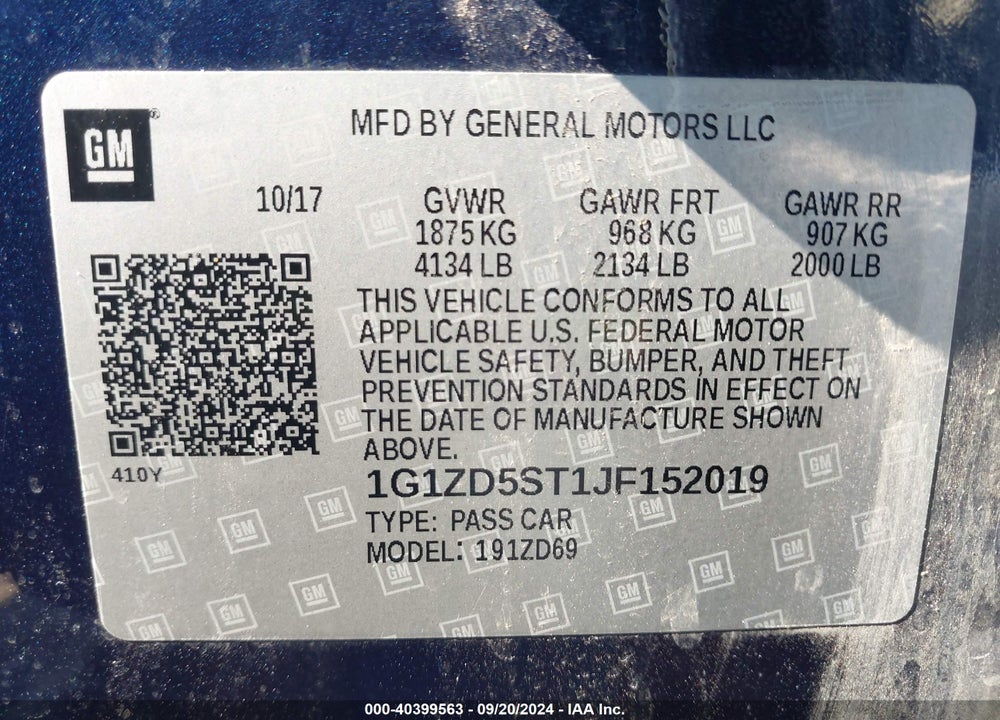 2018 CHEVROLET MALIBU LT VIN: 1G1ZD5ST1JF152019