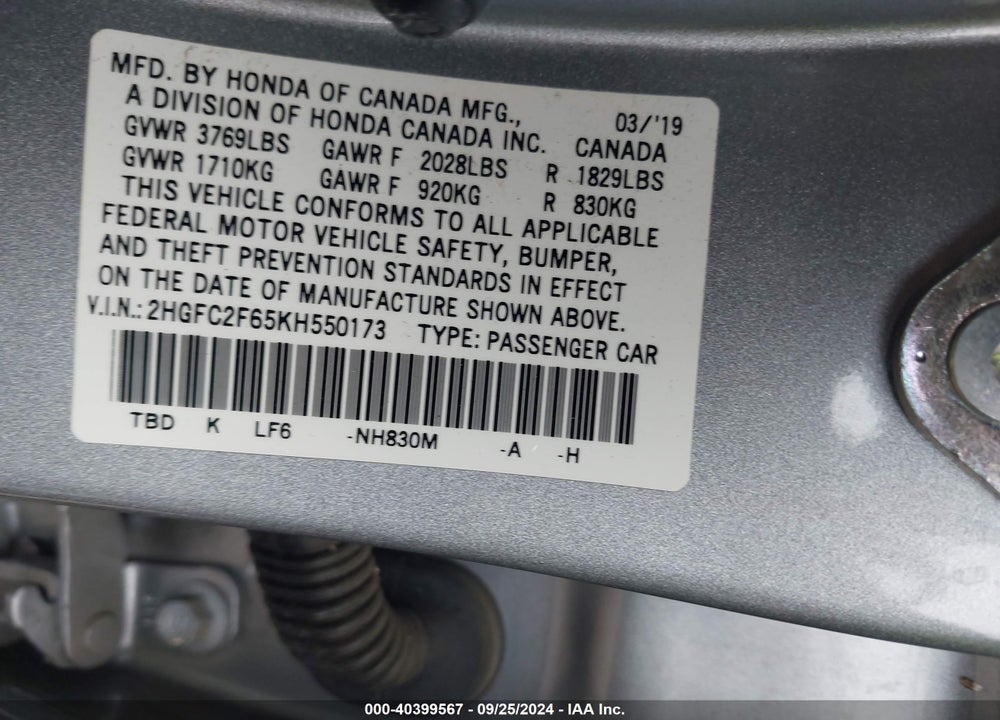 2019 HONDA CIVIC LX VIN: 2HGFC2F65KH550173