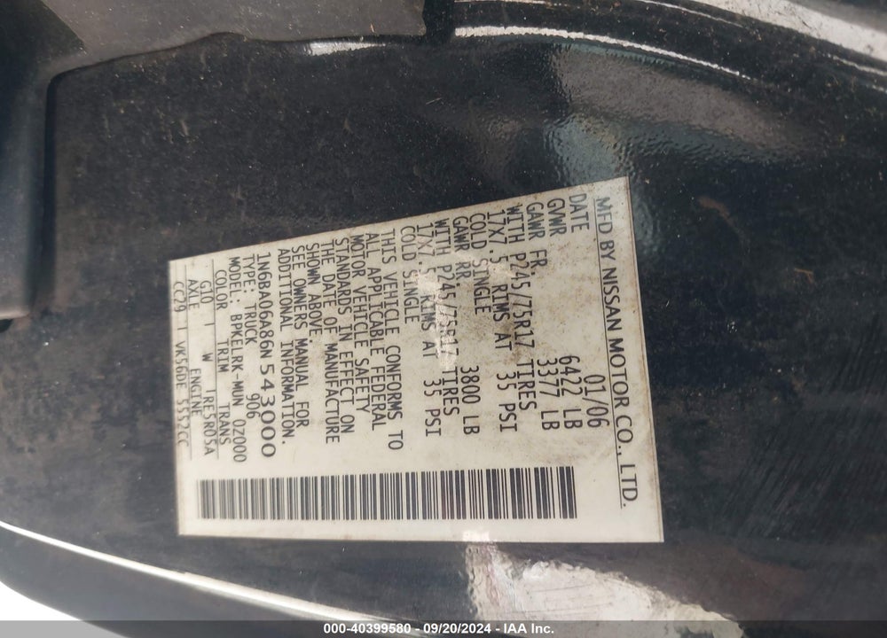 2006 NISSAN TITAN XE VIN: 1N6BA06A86N543000