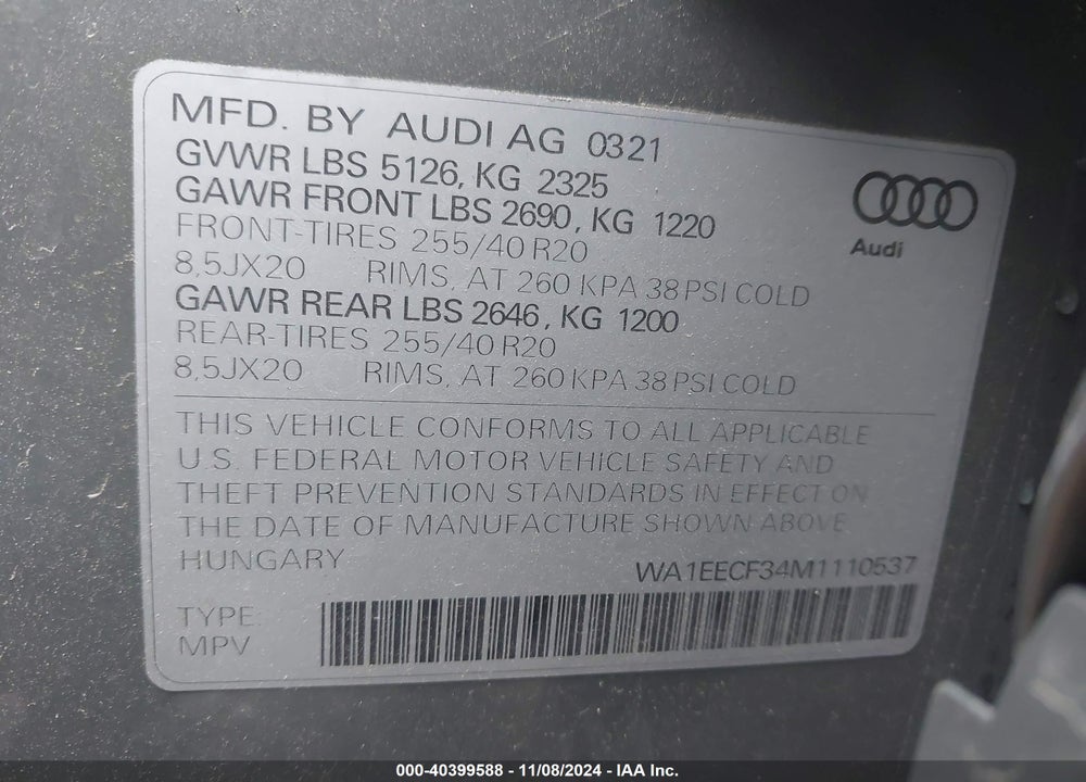 2021 AUDI Q3 PREMIUM PLUS 45 TFSI S LINE QUATTRO TIPTRONIC VIN: WA1EECF34M1110537