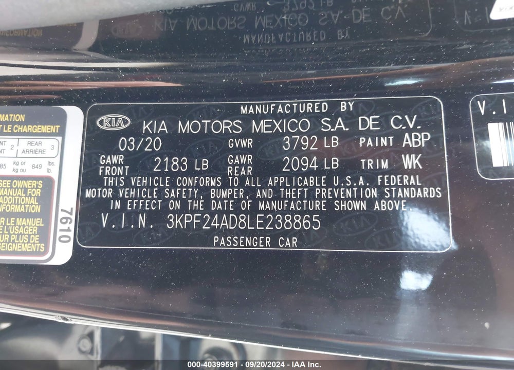 2020 KIA FORTE LXS VIN: 3KPF24AD8LE238865