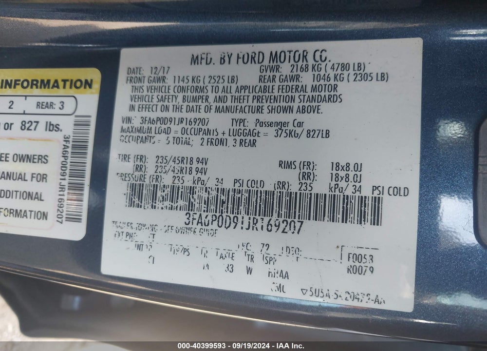 2018 FORD FUSION VIN: 3FA6P0D91JR169207