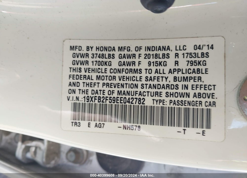 2014 HONDA CIVIC LX VIN: 19XFB2F59EE042782