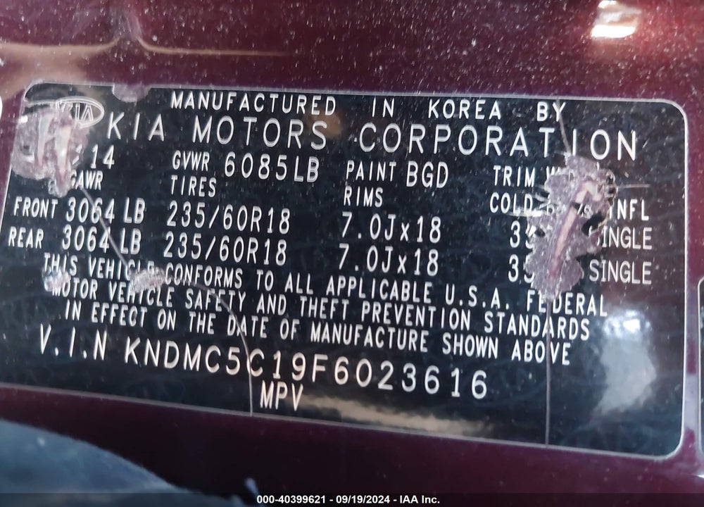 2015 KIA SEDONA EX VIN: KNDMC5C19F6023616