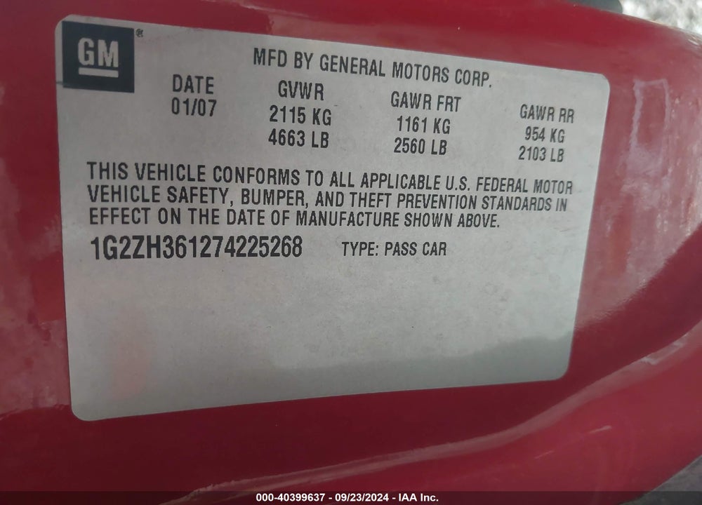 2007 PONTIAC G6 VIN: 1G2ZH361274225268