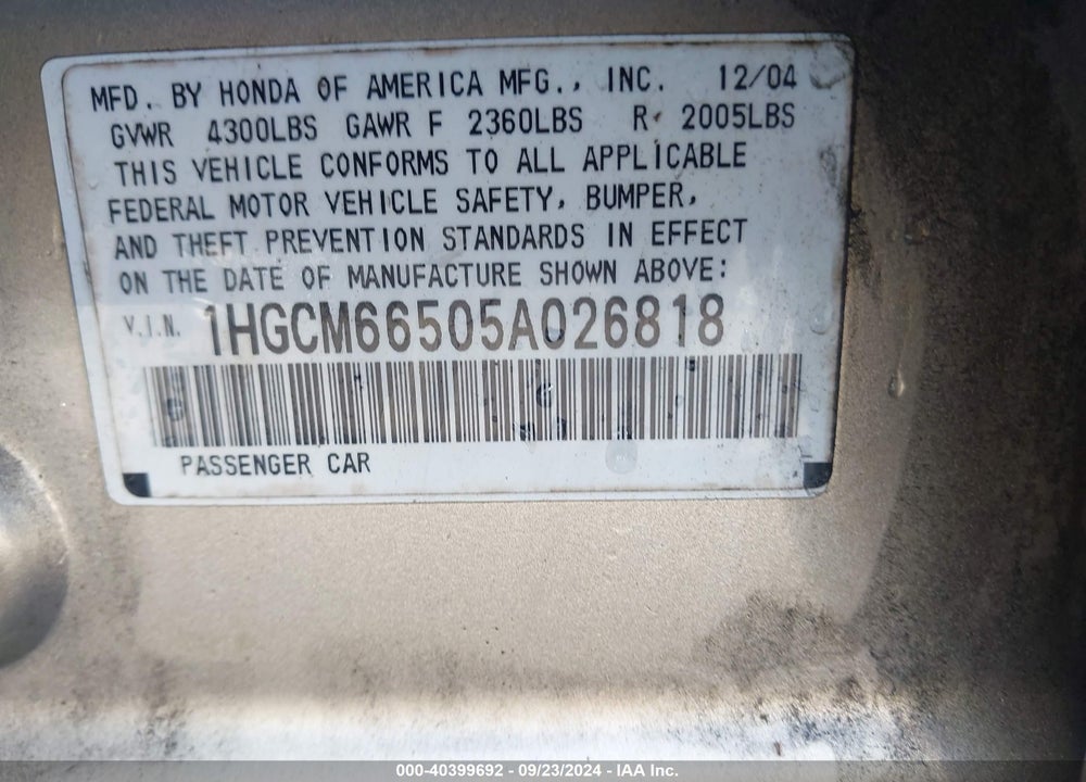 2005 HONDA ACCORD 3.0 EX VIN: 1HGCM66505A026818