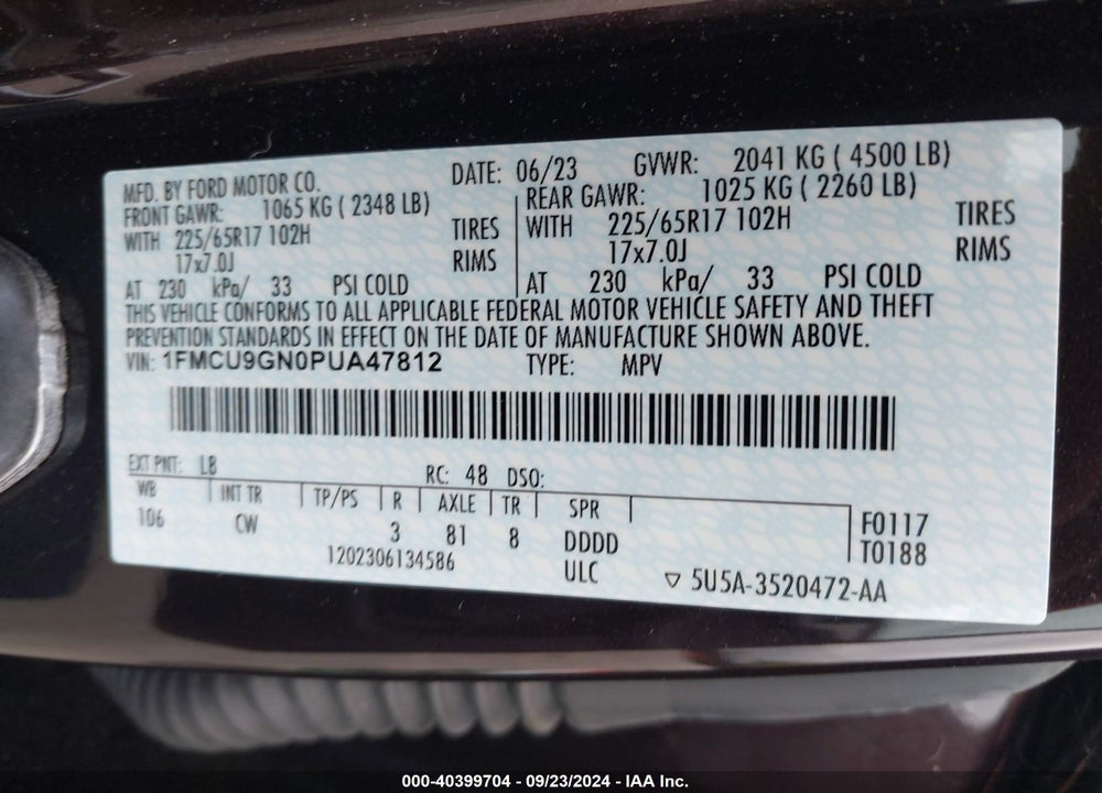 2023 FORD ESCAPE ACTIVE VIN: 1FMCU9GN0PUA47812