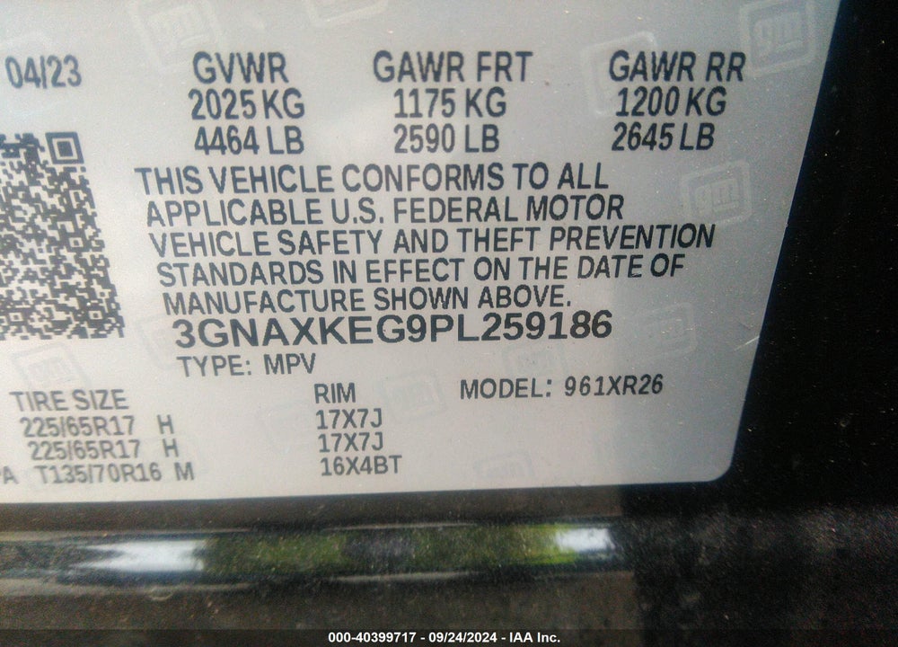 2023 CHEVROLET EQUINOX FWD LT VIN: 3GNAXKEG9PL259186