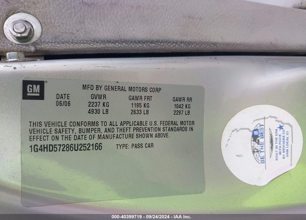 2006 BUICK LUCERNE CXL VIN: 1G4HD57286U252166