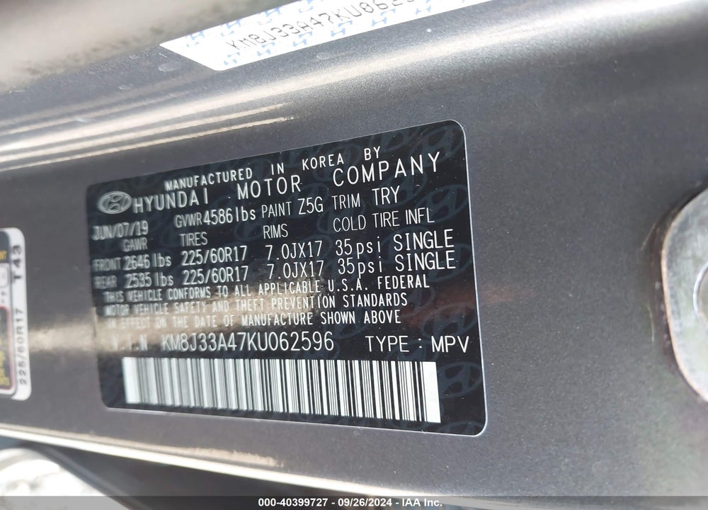 2019 HYUNDAI TUCSON VALUE VIN: KM8J33A47KU062596
