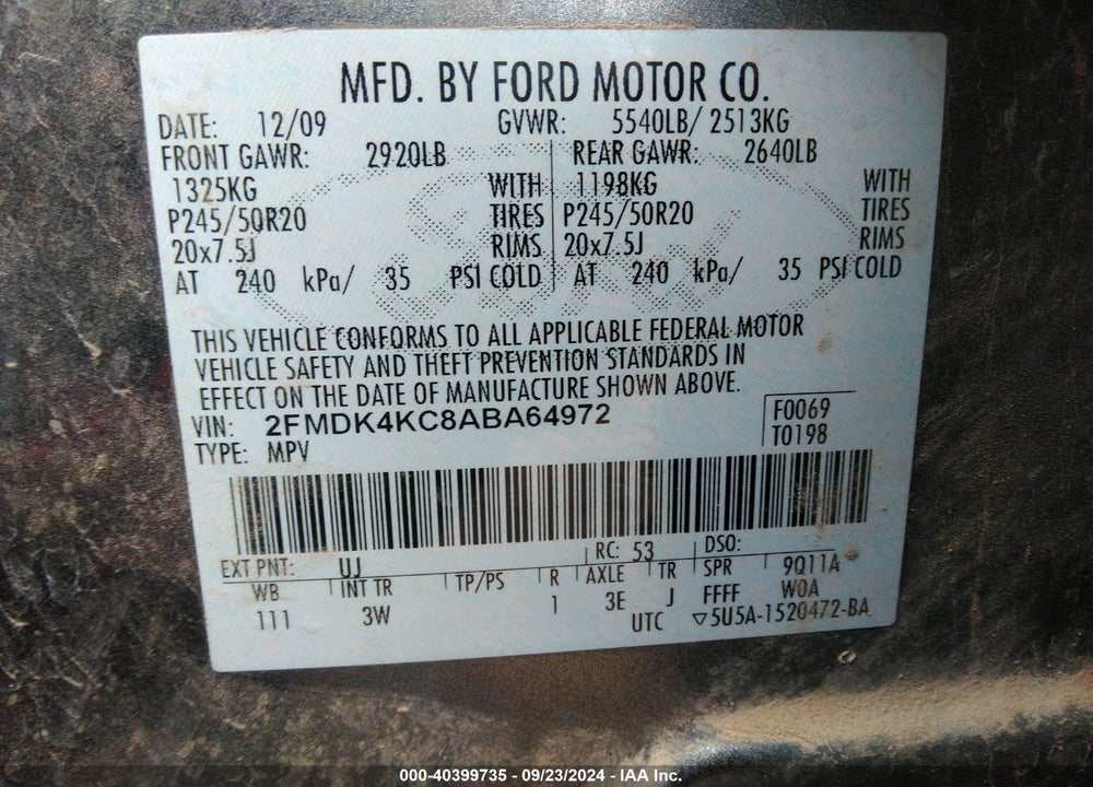 2010 FORD EDGE LIMITED VIN: 2FMDK4KC8ABA64972