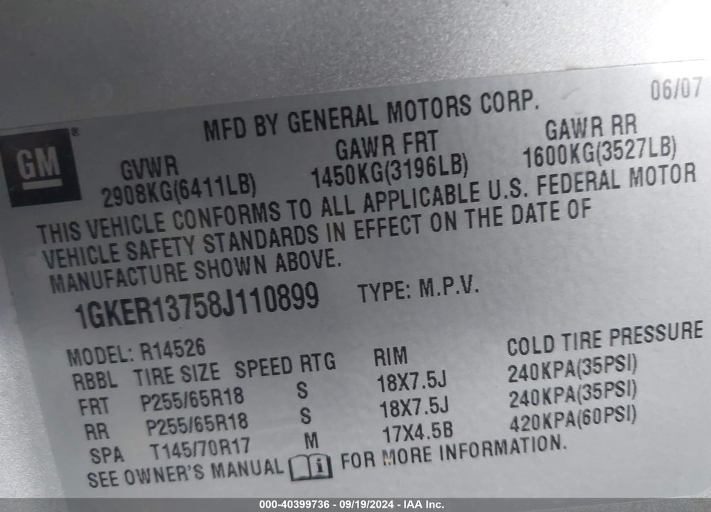 2008 GMC ACADIA SLE-1 VIN: 1GKER13758J110899