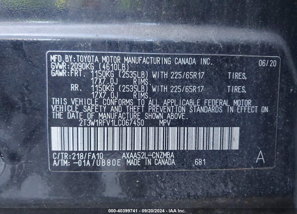 2020 TOYOTA RAV4 XLE VIN: 2T3W1RFV1LC067450