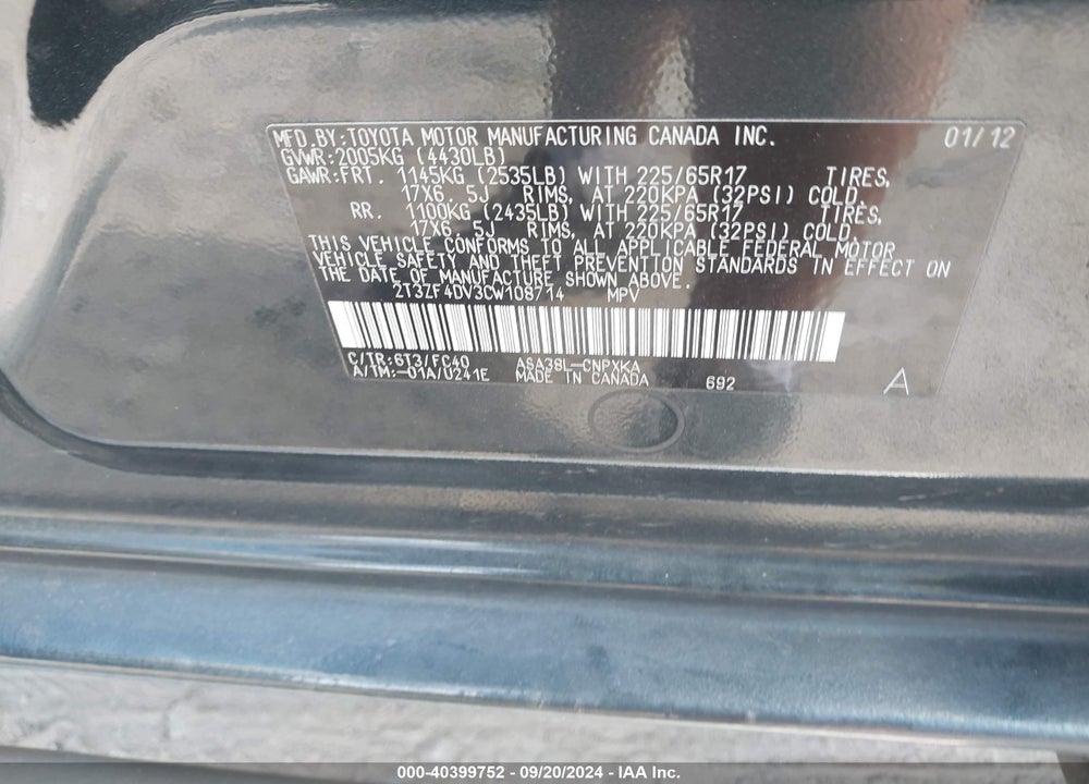 2012 TOYOTA RAV4 VIN: 2T3ZF4DV3CW108714
