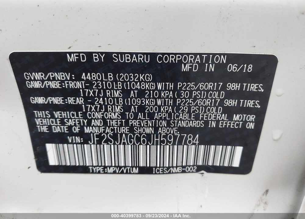 2018 SUBARU FORESTER 2.5I PREMIUM VIN: JF2SJAGC6JH597784