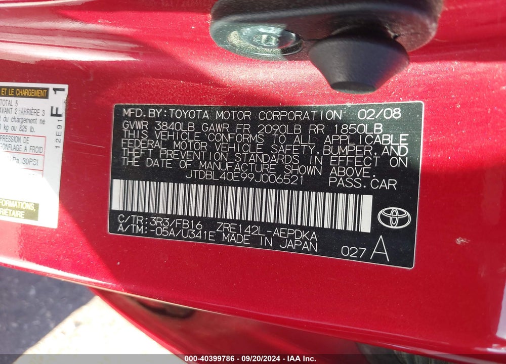 2009 TOYOTA COROLLA LE VIN: JTDBL40E99J006521