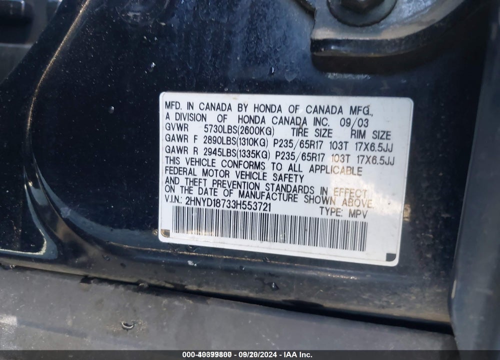 2003 ACURA MDX VIN: 2HNYD18733H553721