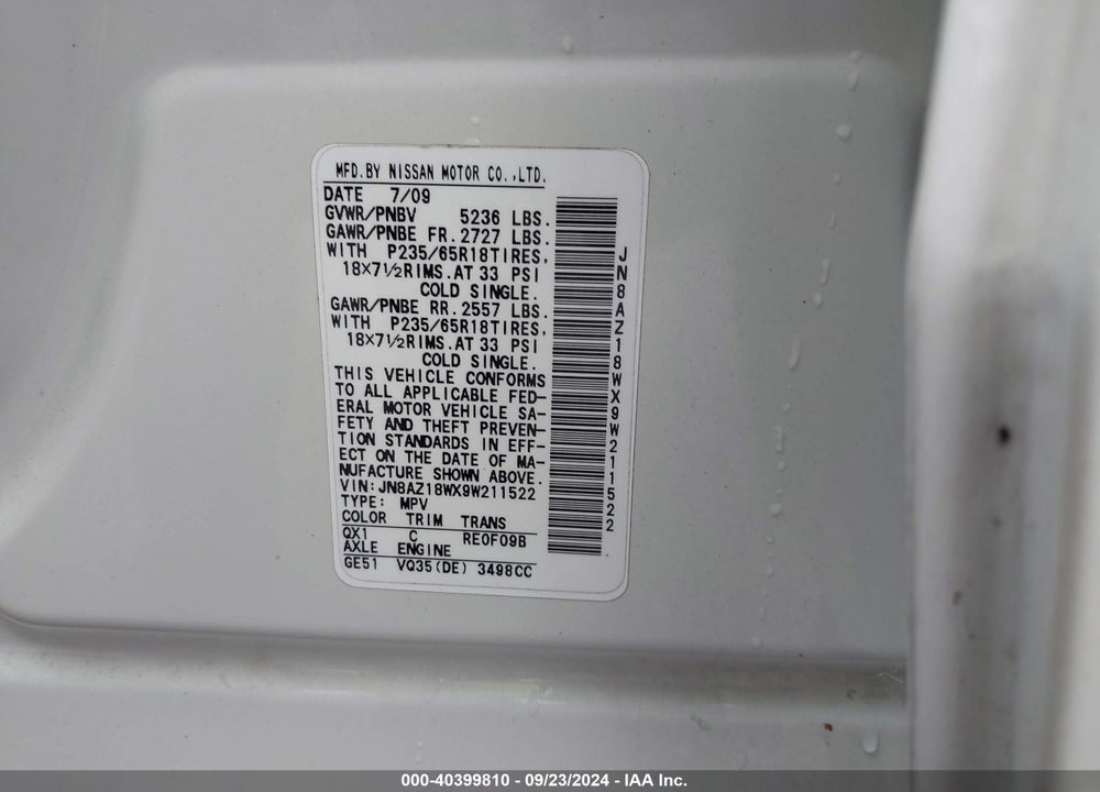 2009 NISSAN MURANO SL VIN: JN8AZ18WX9W211522