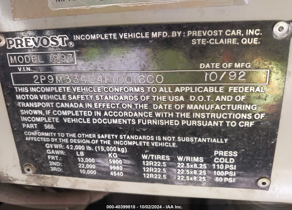 1993 PREVOST BUS VIN: 2P9M33404P1001600