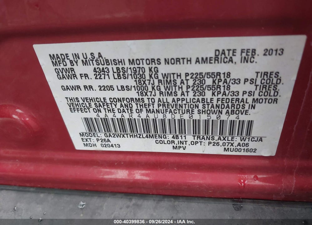 2013 MITSUBISHI OUTLANDER SPORT SE VIN: 4A4AR4AU8DE015074