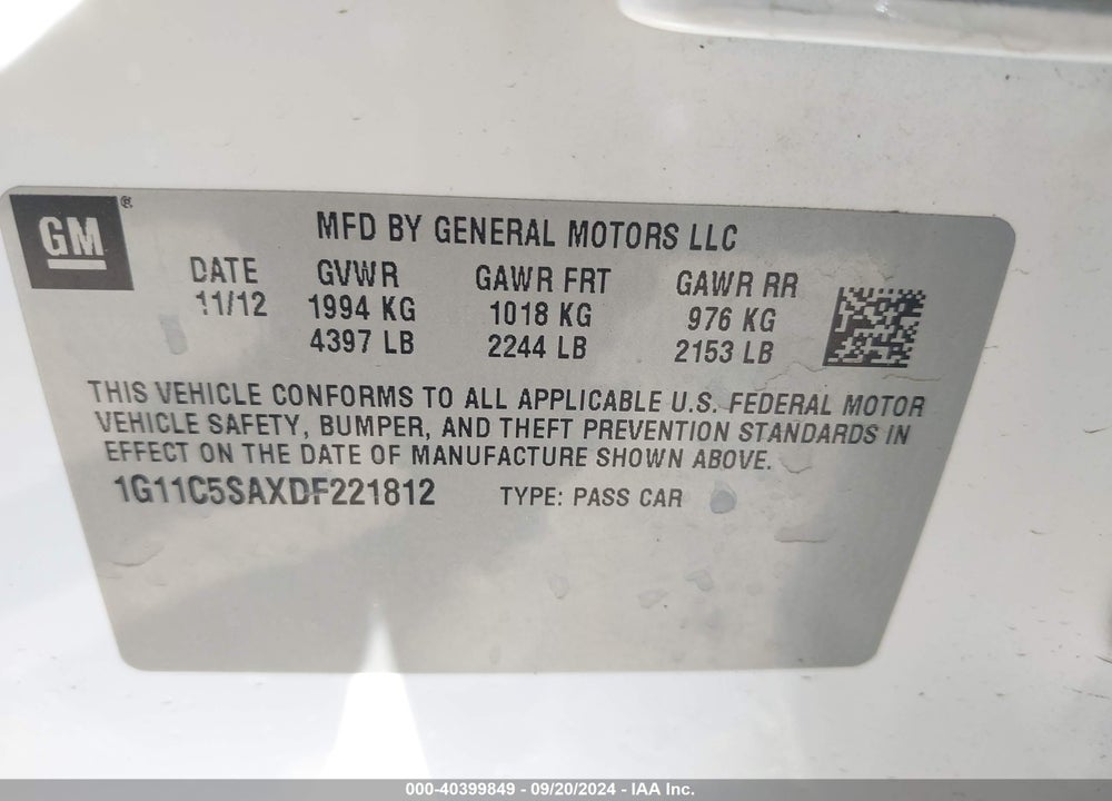 2013 CHEVROLET MALIBU 1LT VIN: 1G11C5SAXDF221812