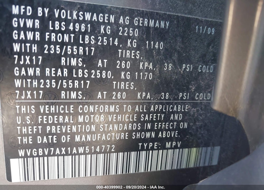 2010 VOLKSWAGEN TIGUAN WOLFSBURG EDITION VIN: WVGBV7AX1AW514772