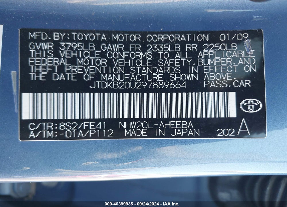 2009 TOYOTA PRIUS VIN: JTDKB20U297889664