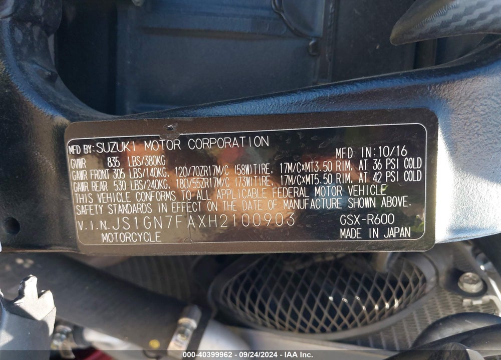 2017 SUZUKI GSX-R600 VIN: JS1GN7FAXH2100903