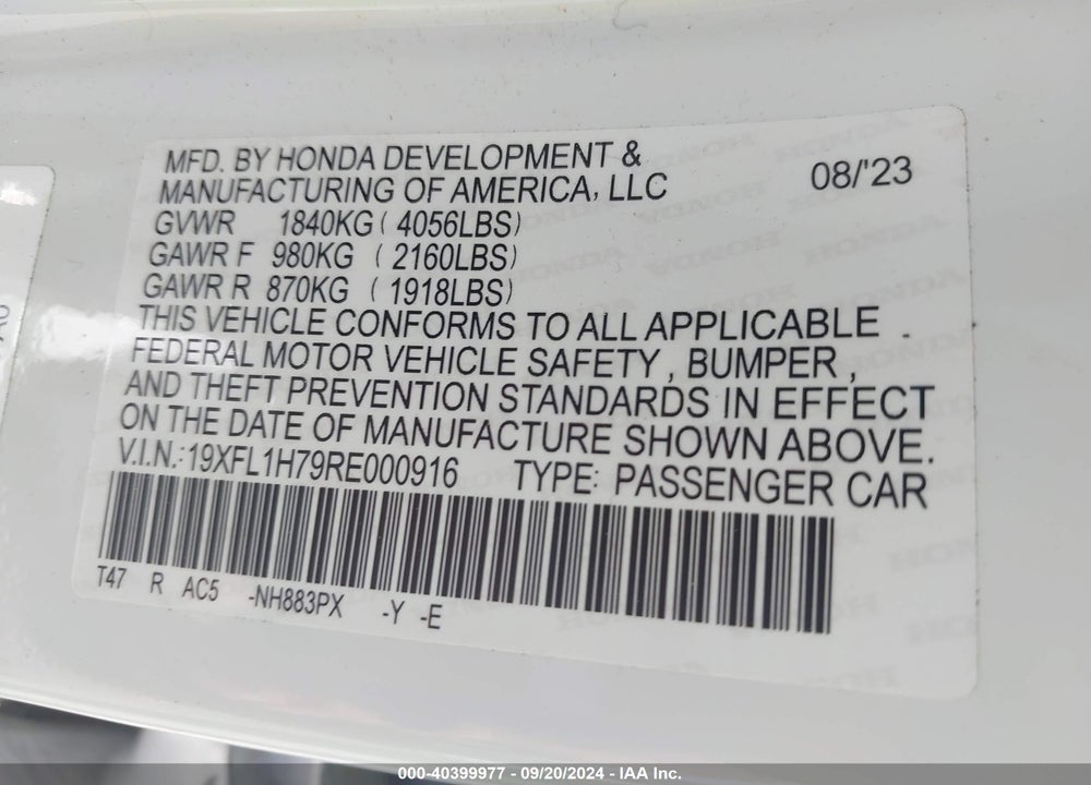 2024 HONDA CIVIC EX-L VIN: 19XFL1H79RE000916