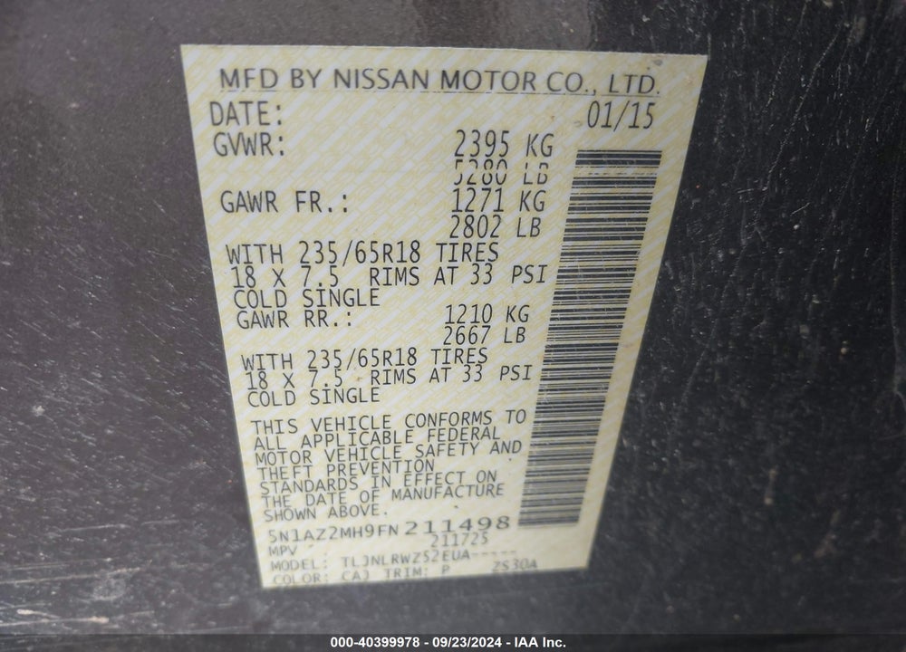 2015 NISSAN MURANO SL VIN: 5N1AZ2MH9FN211498