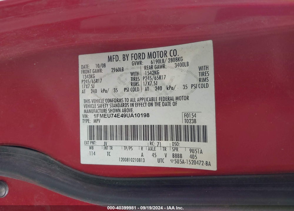 2009 FORD EXPLORER EDDIE BAUER VIN: 1FMEU74E49UA10198