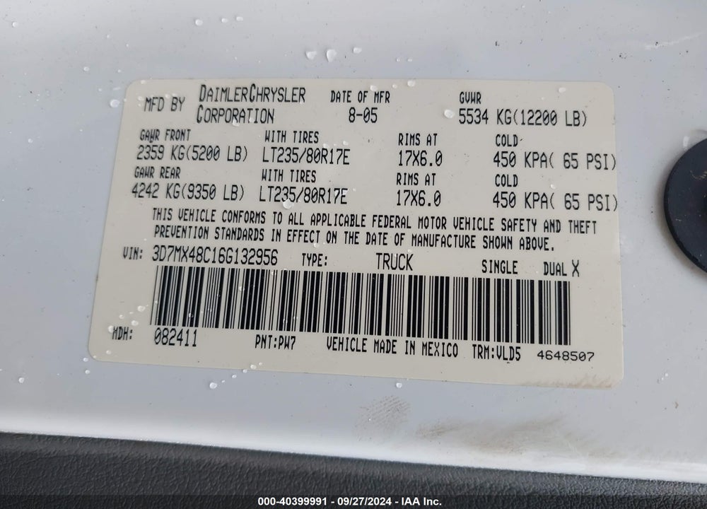 2006 DODGE RAM 3500 LARAMIE VIN: 3D7MX48C16G132956