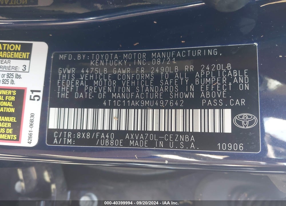 2021 TOYOTA CAMRY LE VIN: 4T1C11AK9MU497642