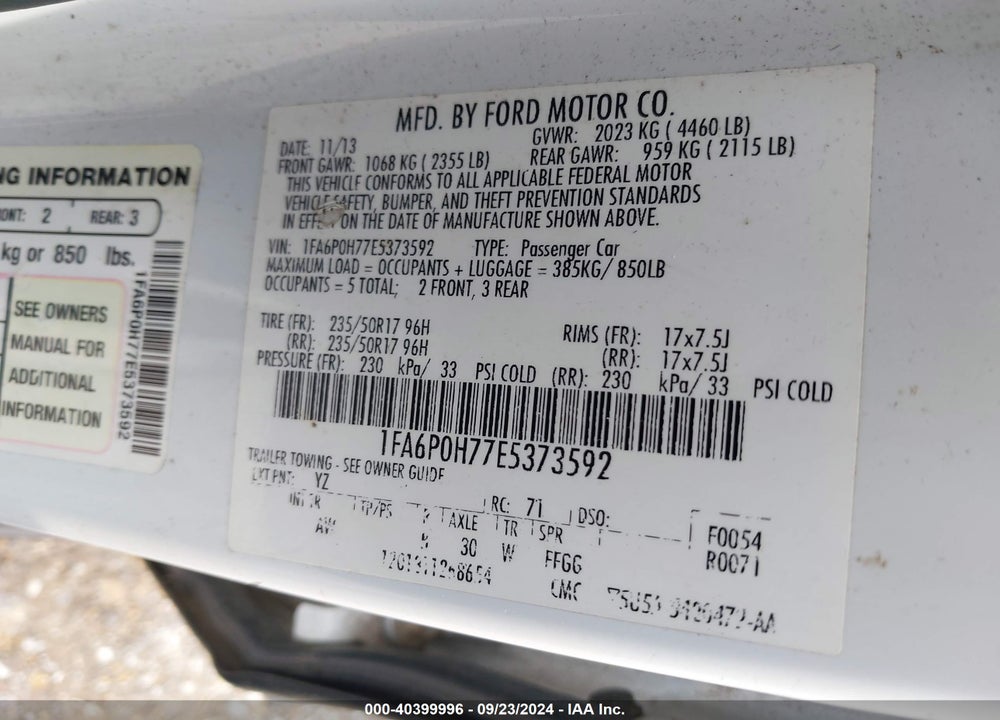 2014 FORD FUSION SE VIN: 1FA6P0H77E5373592