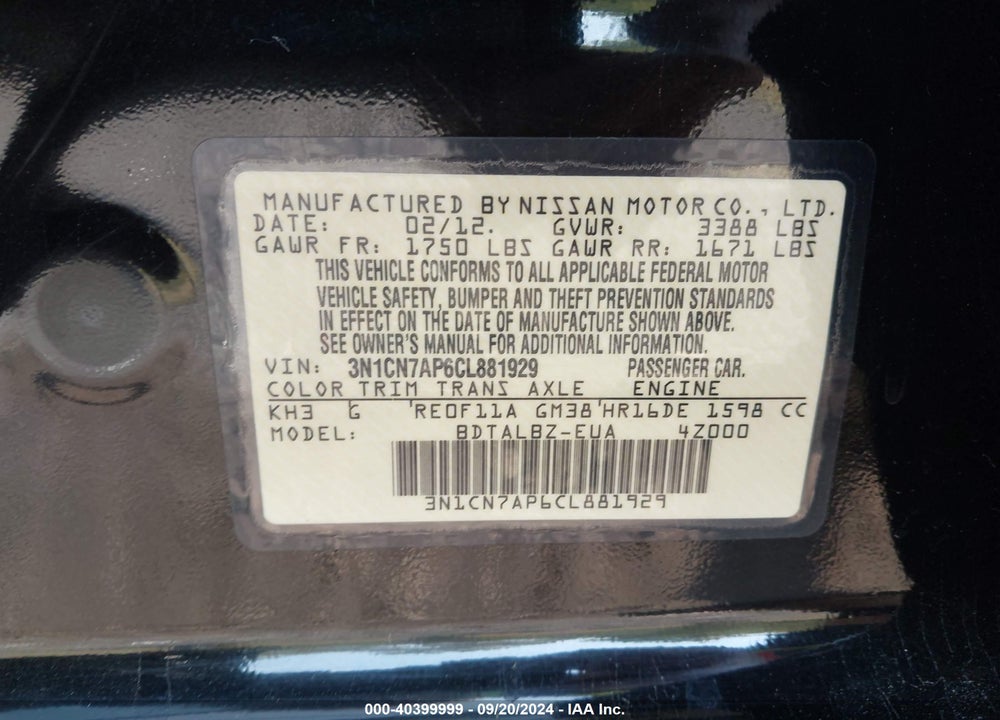 2012 NISSAN VERSA 1.6 SV VIN: 3N1CN7AP6CL881929