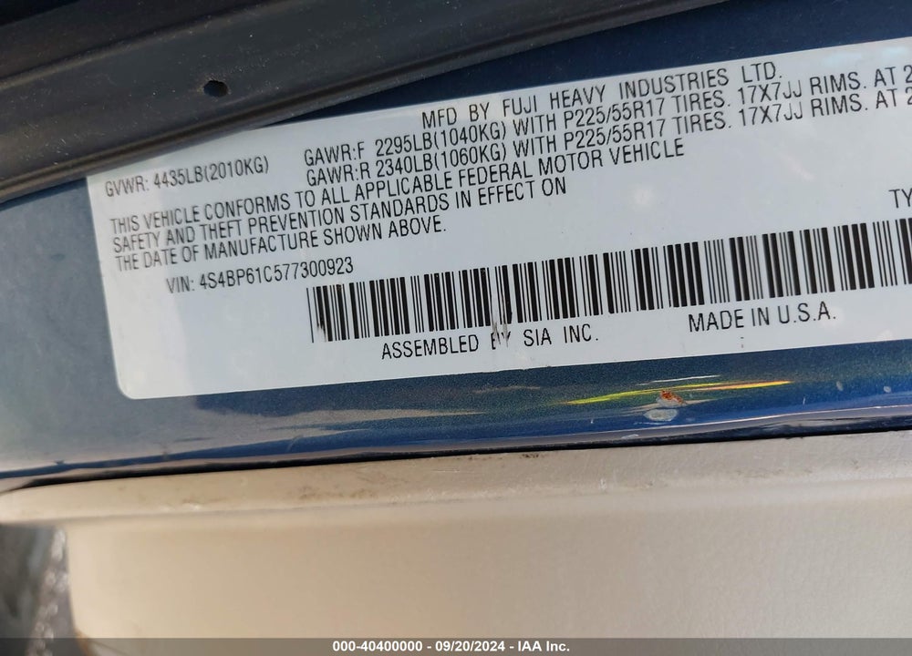 2007 SUBARU OUTBACK 2.5I VIN: 4S4BP61C577300923