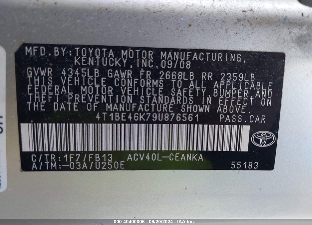 2009 TOYOTA CAMRY LE VIN: 4T1BE46K79U876561