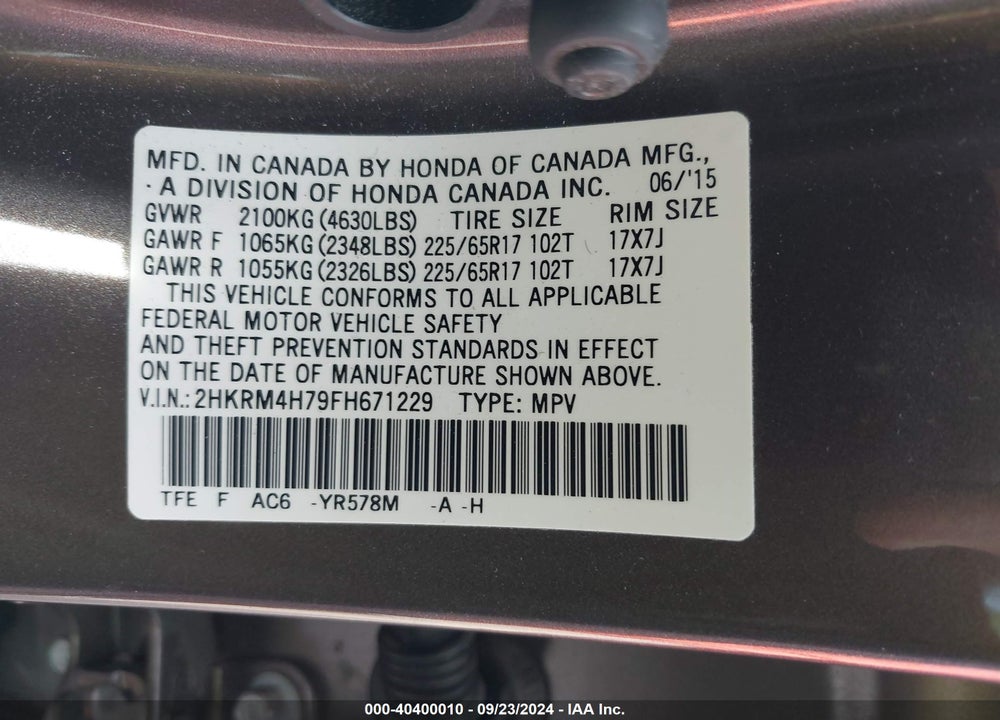2015 HONDA CR-V EX-L VIN: 2HKRM4H79FH671229
