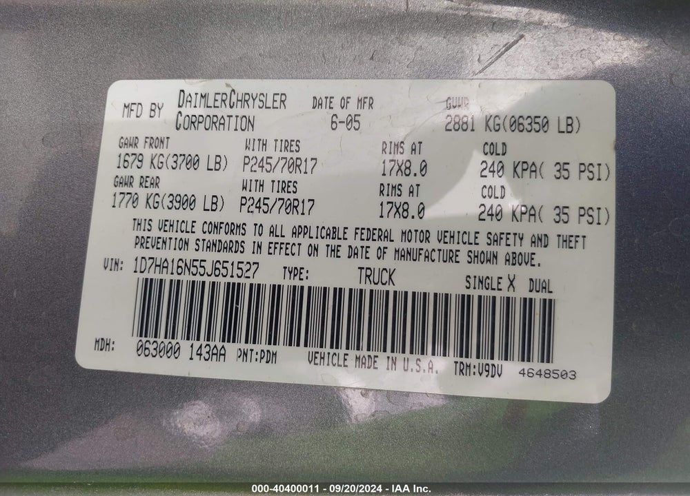 2005 DODGE RAM 1500 ST/SLT VIN: 1D7HA16N55J651527