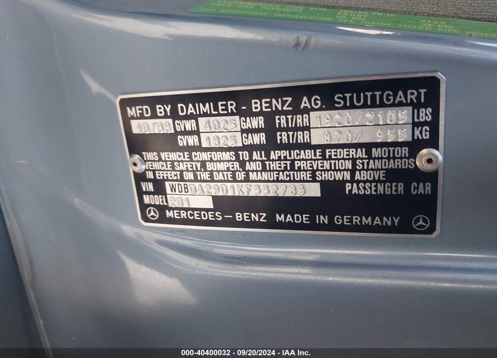 1989 MERCEDES-BENZ 190 E 2.6 VIN: WDBDA29D1KF552783