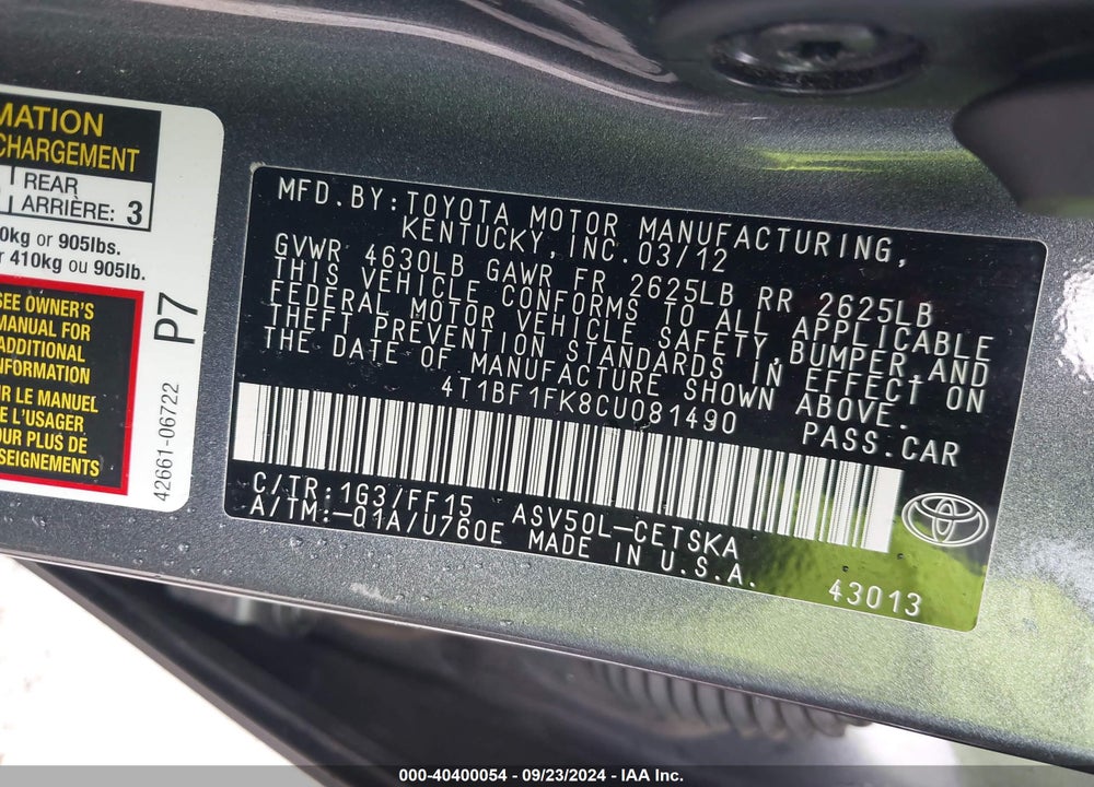 2012 TOYOTA CAMRY SE VIN: 4T1BF1FK8CU081490