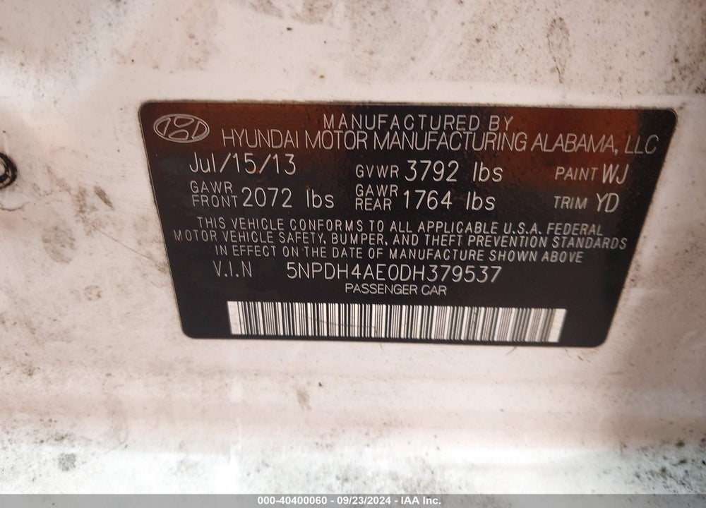 2013 HYUNDAI ELANTRA LIMITED VIN: 5NPDH4AE0DH379537